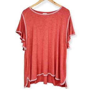 Max Studio Flutter Sleeve Embroidered Trim Jersey Knit Top